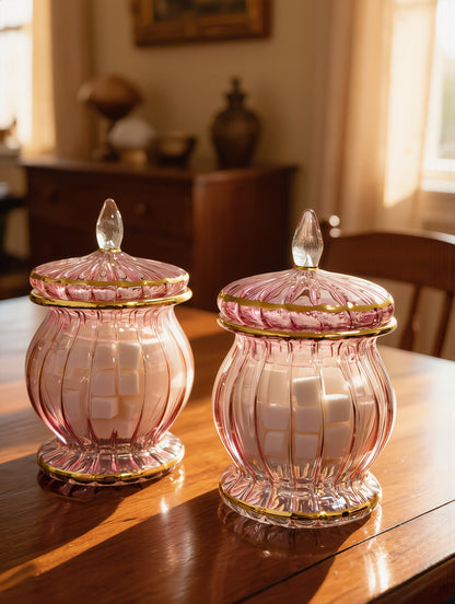 Pink gold-rimmed Egyptian glass sugar jars on a dining table at sunset