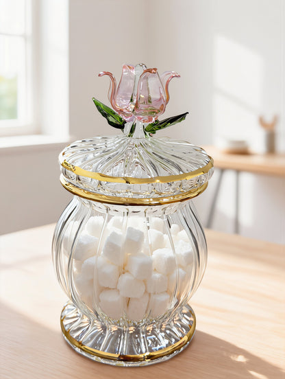 Egyptian glass candy jar with a pink glass rose finial and 24K gold rim