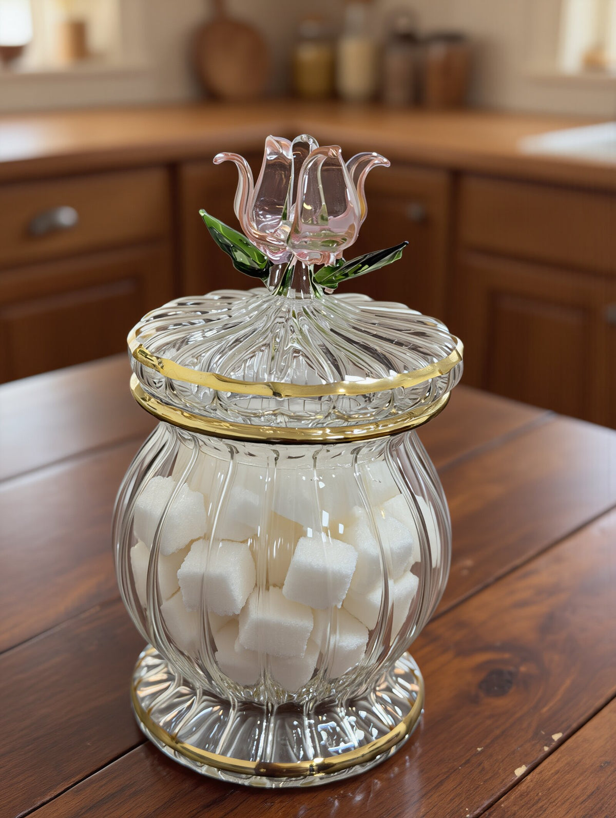 Hand-blown gold-rimmed sugar jar with lampworked rose lid, Egyptian glass