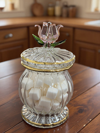 Hand-blown gold-rimmed sugar jar with lampworked rose lid, Egyptian glass