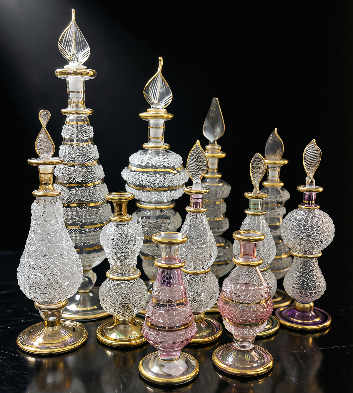 Eleven mixed hand-blown Egyptian glass perfume bottles in clear, rose and amethyst crackle glass with 24K gold rims, assorted shapes and sizes