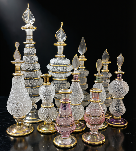 Eleven mixed hand-blown Egyptian glass perfume bottles in clear, rose and amethyst crackle glass with 24K gold rims, assorted shapes and sizes