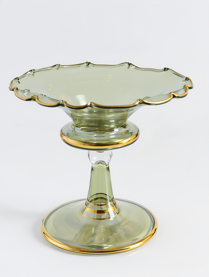 Coupe à dattes en verre égyptien — Tamriya côtelée à pied, bord en or 24 carats, 14 cm (Modèle 154)