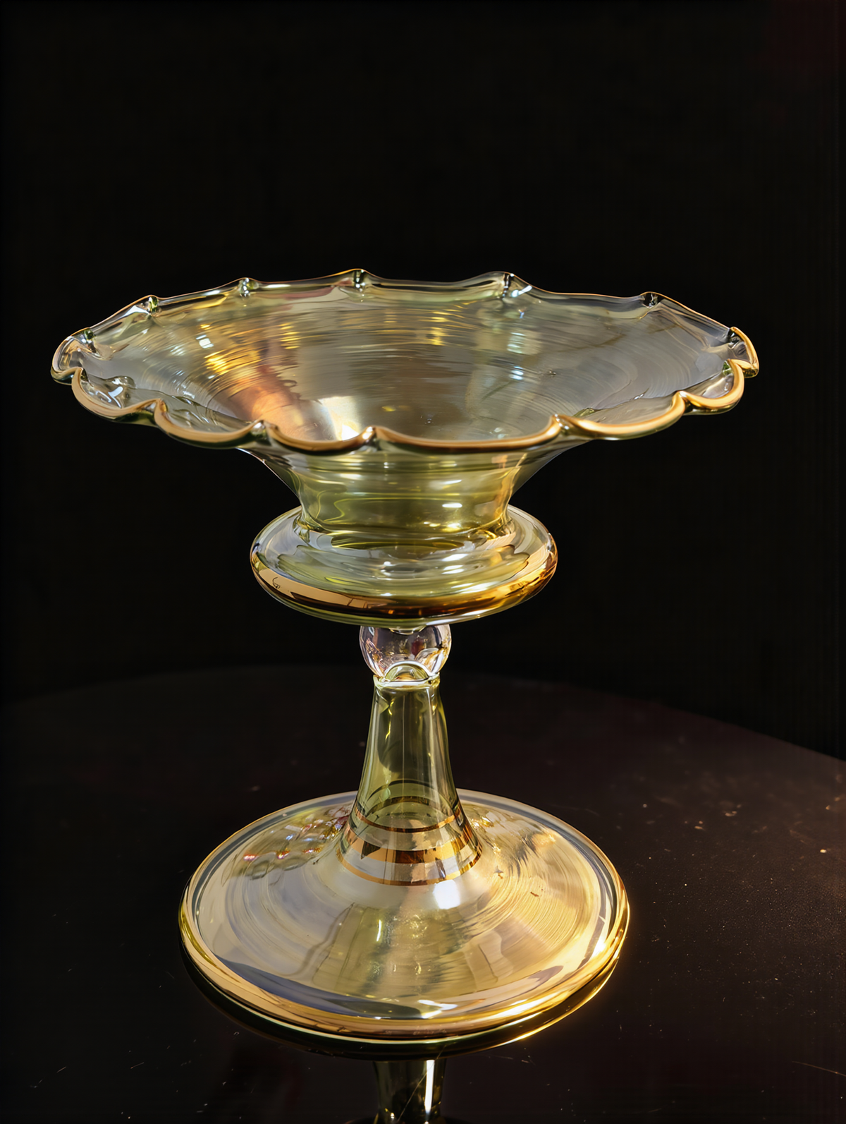 Coupe à dattes en verre égyptien — Tamriya côtelée à pied, bord en or 24 carats, 14 cm (Modèle 154)