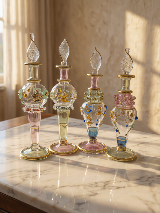 Hand-blown Egyptian glass perfume bottle sample, gold detail