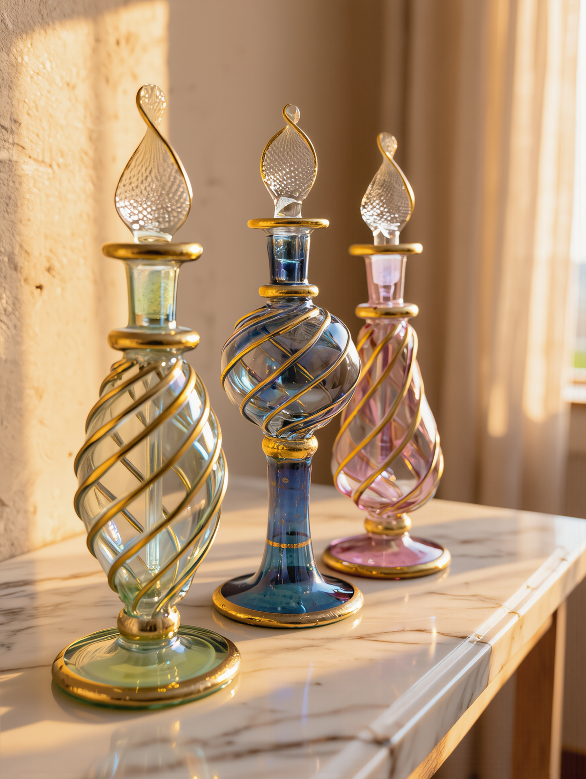Hand-blown Egyptian glass attar bottles with 24K gold