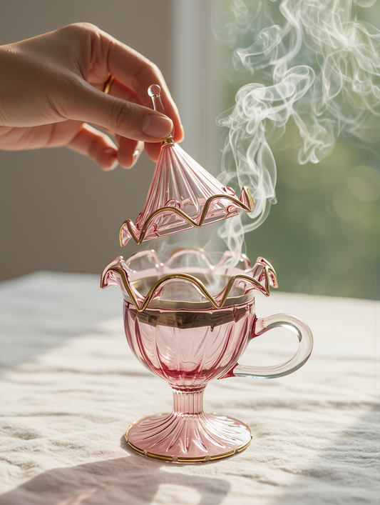 Mabkhara en verre égyptien — Diwaniya · à anse, côtelé, couvercle conique et bol doublé d’or (modèle 156)