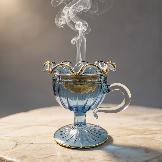 Mabkhara en verre égyptien — Diwaniya · à anse, côtelé, couvercle conique et bol doublé d’or (modèle 156)