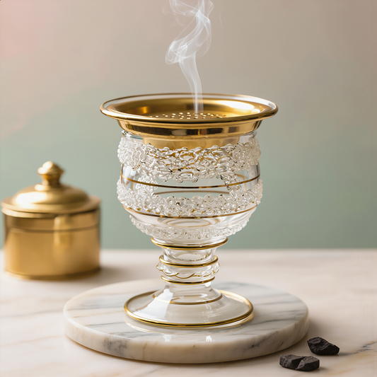Mabkhara en verre égyptien — Thalj · bandes de verre craquelé et plateau doré perforé (modèle 155)