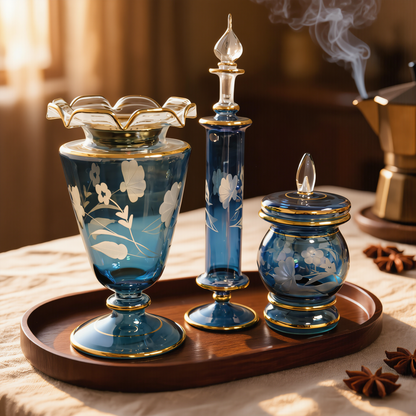 Naqsh — Brûle-encens gravé, flacon à parfum et pot à bakhour, Rose ou Bleu (Coffret 11)