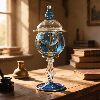 Blue and gold Egyptian glass incense jar in warm evening light