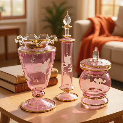 Rose pink Egyptian glass vase, perfume bottle and lidded jar with gold trim on a coffee table