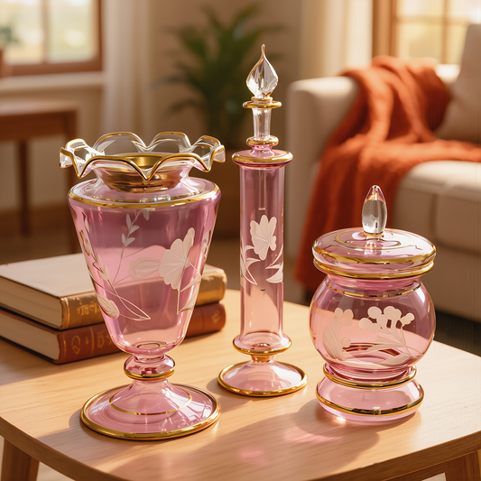 Rose pink Egyptian glass vase, perfume bottle and lidded jar with gold trim on a coffee table