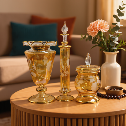 Amber Egyptian glass bottle set beside a white vase of roses on a coffee table