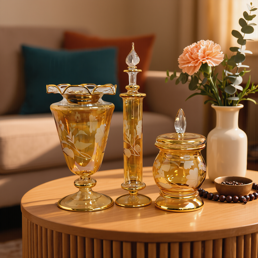 Amber Egyptian glass diffuser bottle, cup and jar on a wooden coffee table in a warm living room