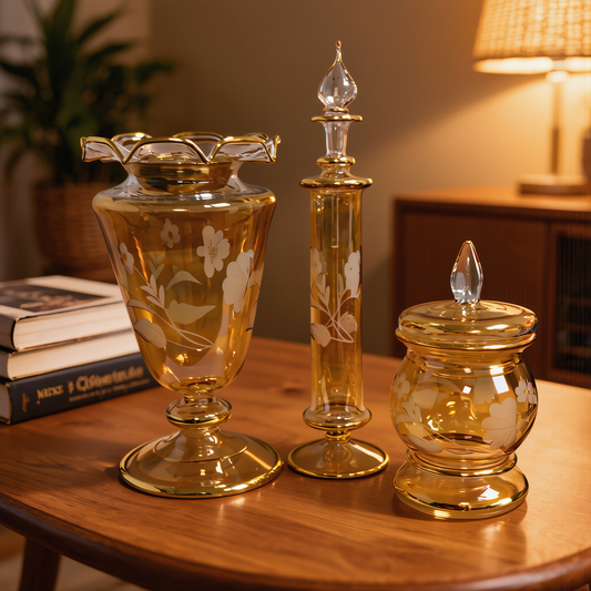 Amber and gold hand-blown Egyptian glass trio on a wooden table with soft lamp light