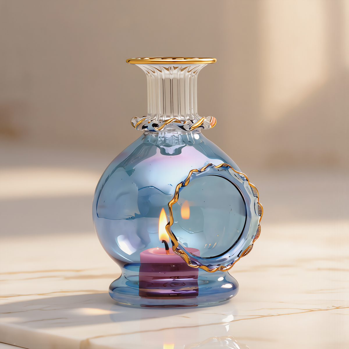 Round blue Egyptian glass perfume bottle with gold rim on a beige studio background