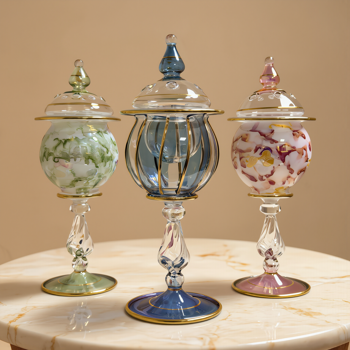 Three lidded Egyptian glass mini jars in green, blue and pink with gold detailing on a white table