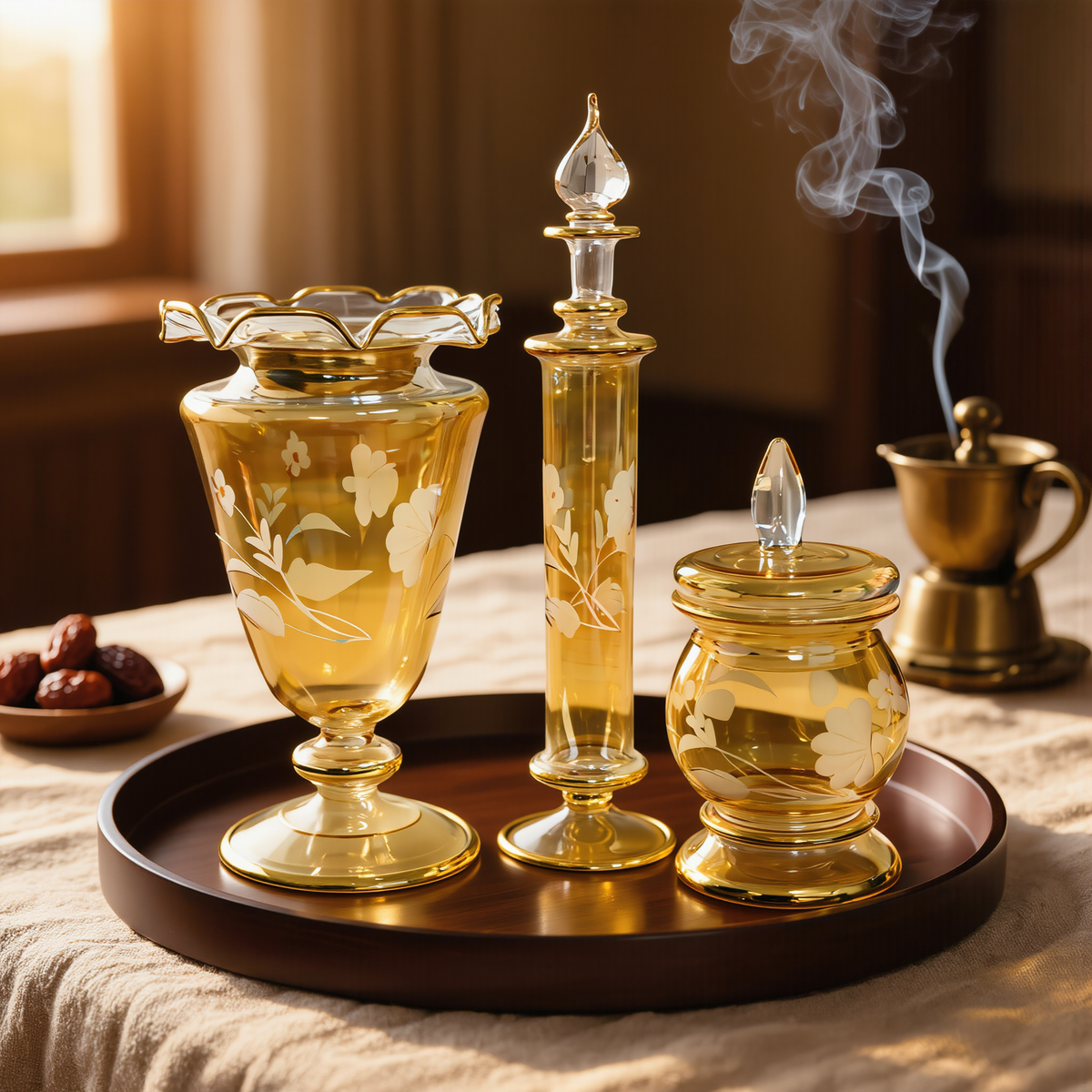 Amber Egyptian glass mabkhara with rising incense smoke, bakhoor jar and attar bottle on a wooden tray