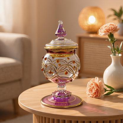 Lilac and gold lidded Egyptian glass jar on a side table with a vase of roses