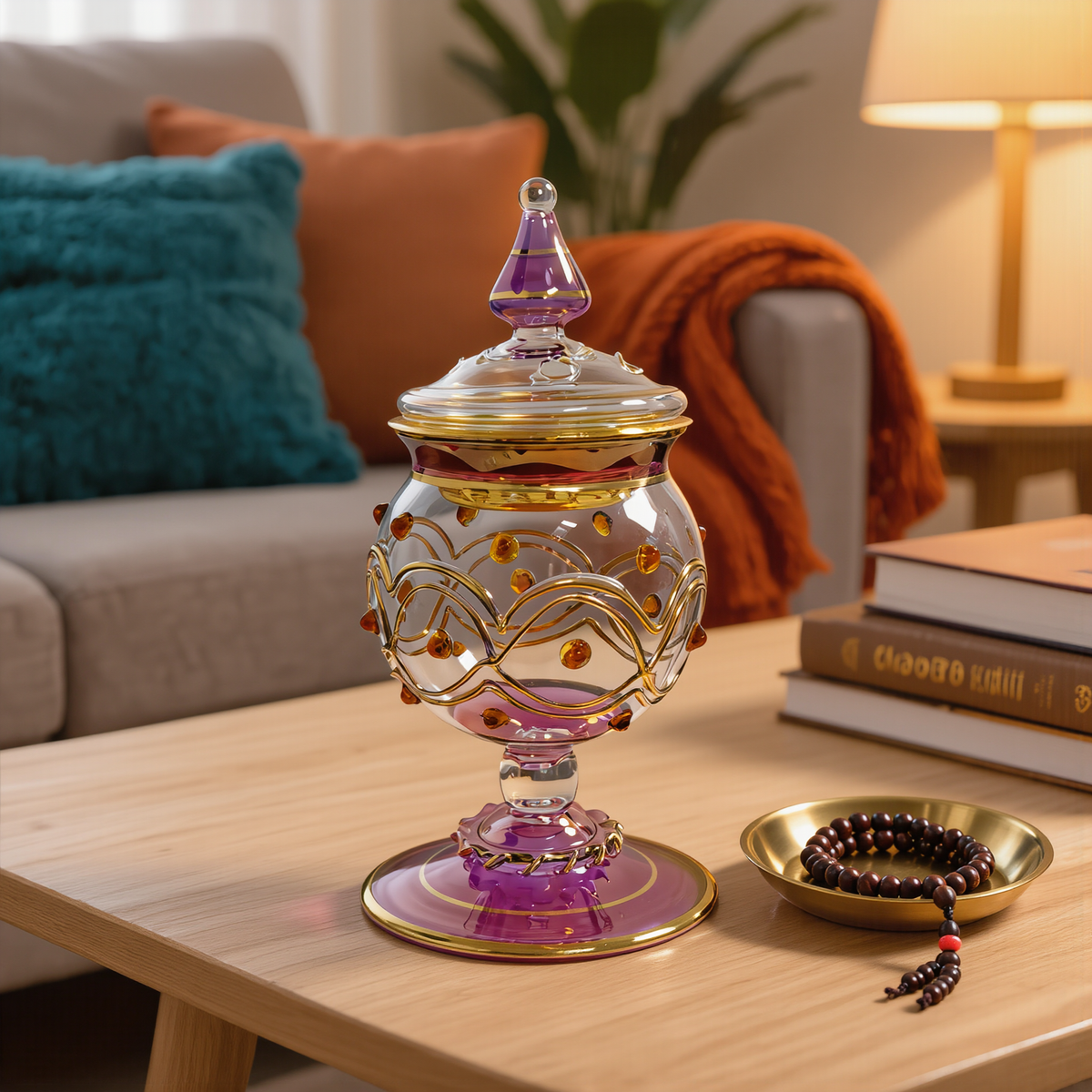 Lilac Egyptian glass lidded jar with gold detailing on a living room coffee table