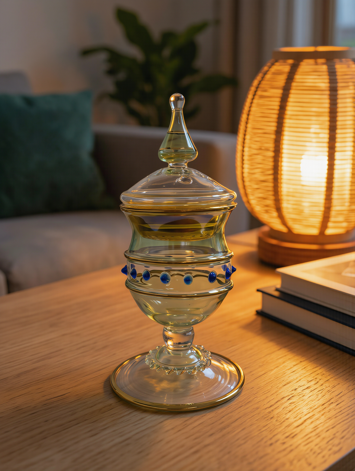 Lidded Egyptian glass burner with gold bands beside a glowing rattan lantern
