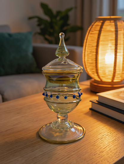 Lidded Egyptian glass burner with gold bands beside a glowing rattan lantern