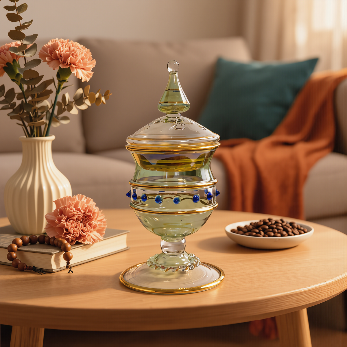 Green and gold Egyptian glass burner on a coffee table with roses and an orange throw