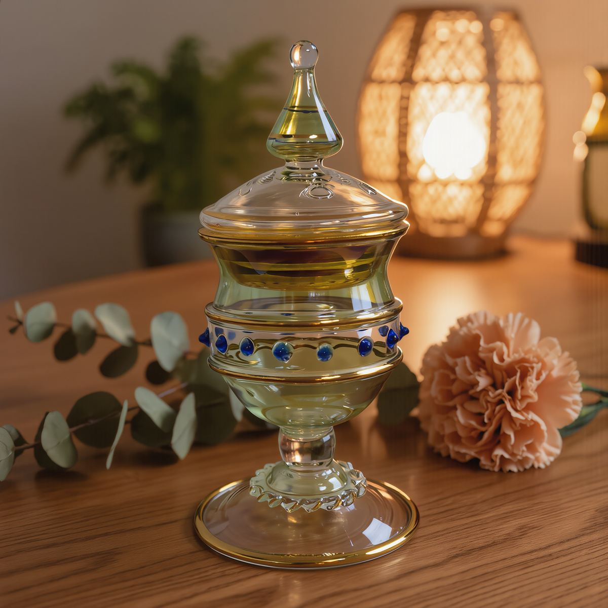 Green and gold lidded Egyptian glass aroma burner with eucalyptus and a rattan lantern