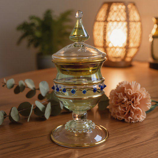 Green and gold lidded Egyptian glass aroma burner with eucalyptus and a rattan lantern