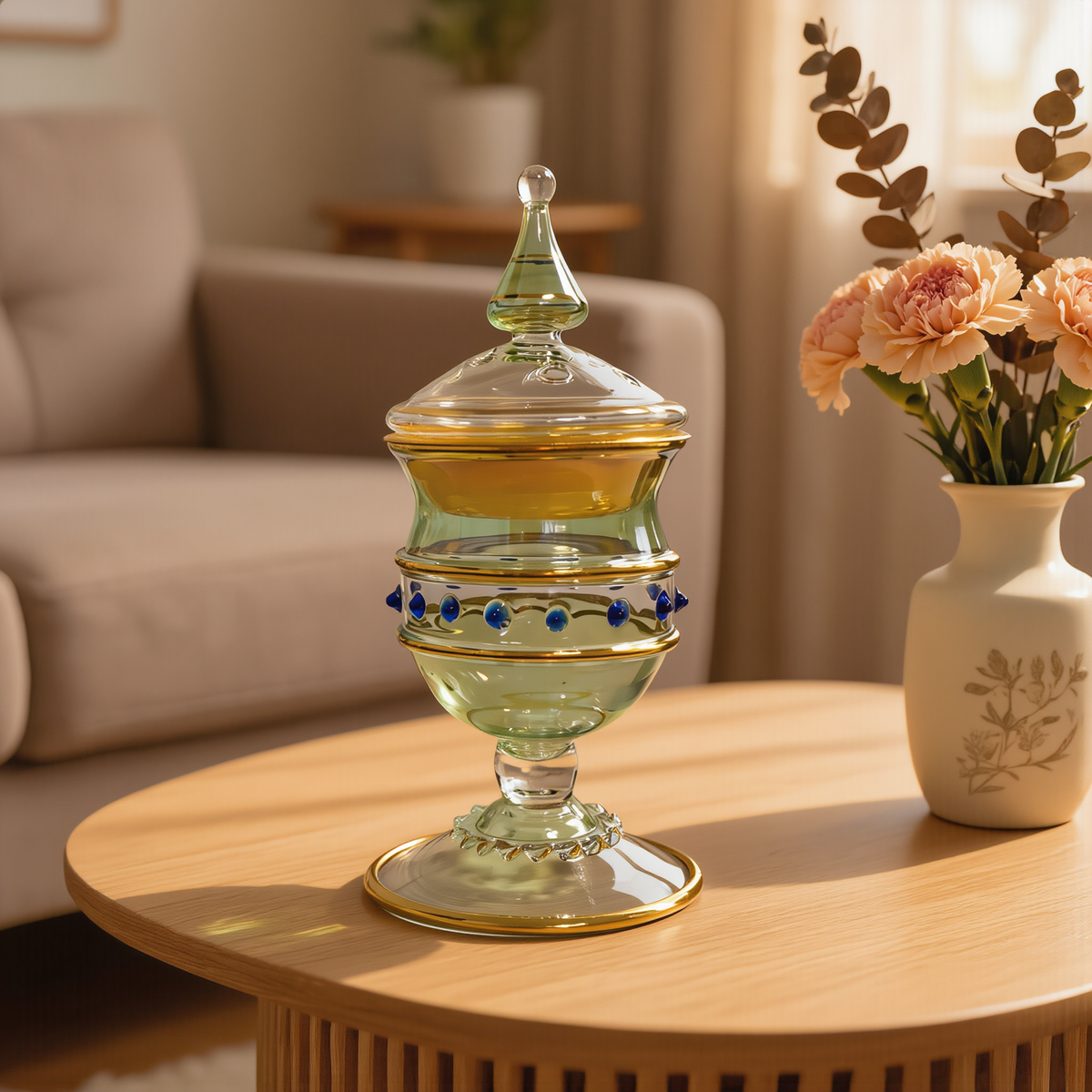 Green Egyptian glass lidded burner with gold bands on a wooden table beside dried flowers