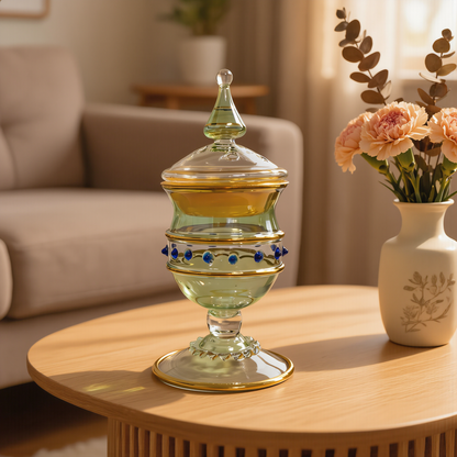 Green Egyptian glass lidded burner with gold bands on a wooden table beside dried flowers