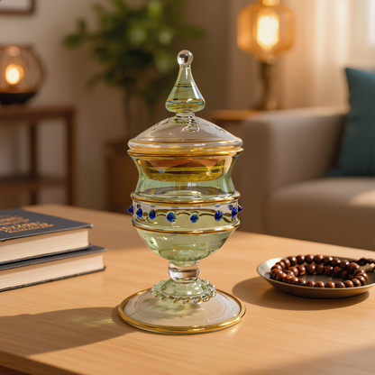 Green Egyptian glass lidded burner with gold trim in warm evening lamp light