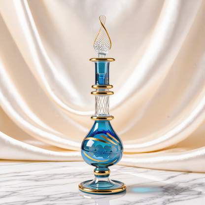 Blue hand-blown Egyptian glass mini perfume bottle on white marble with ivory satin backdrop