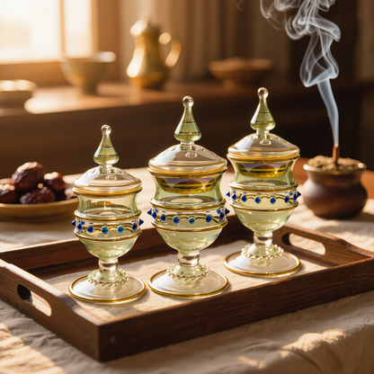 Three amber and gold Egyptian glass pieces on a wooden tray with incense smoke and dates