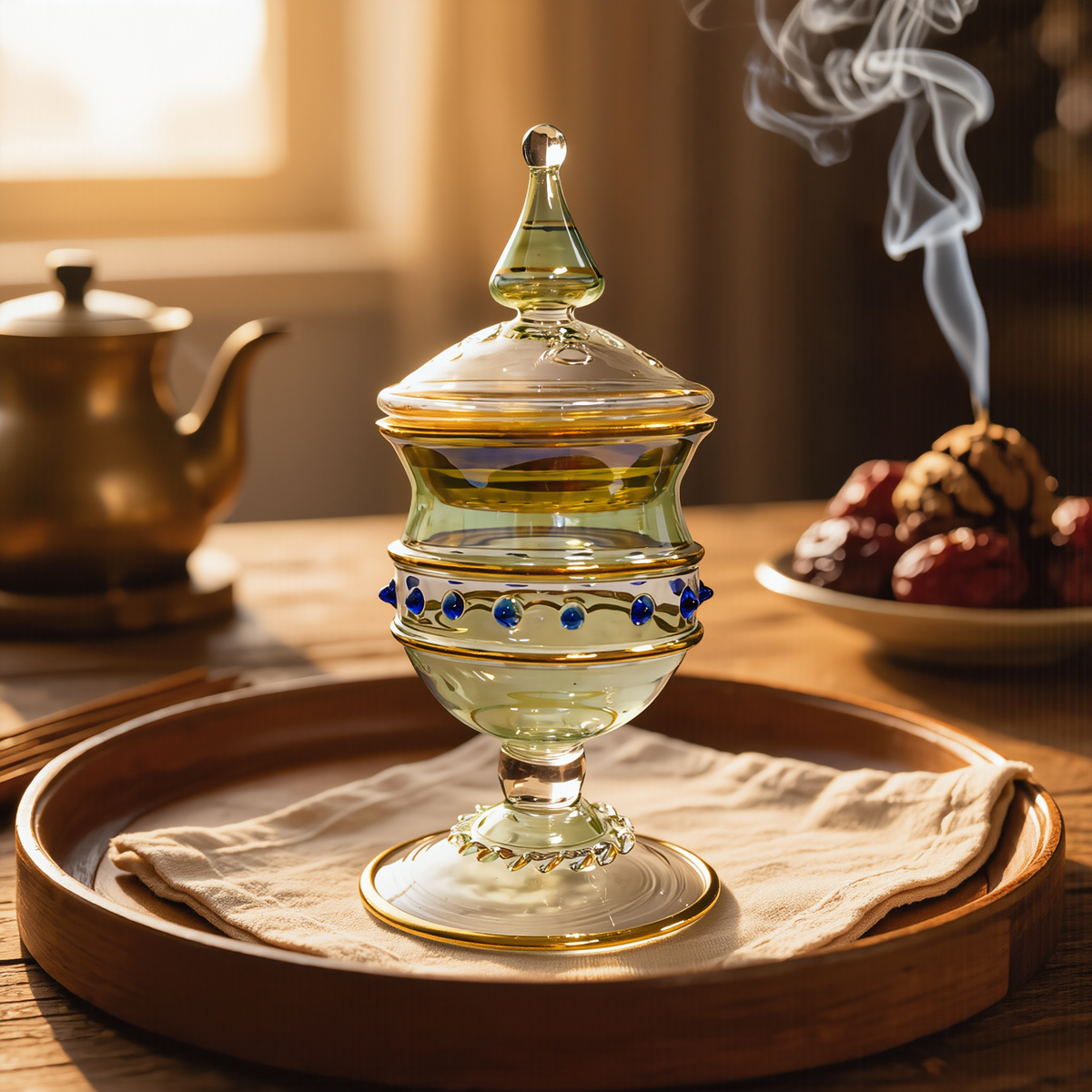 Lidded Egyptian glass bakhoor jar with incense smoke on a brass tray beside a teapot