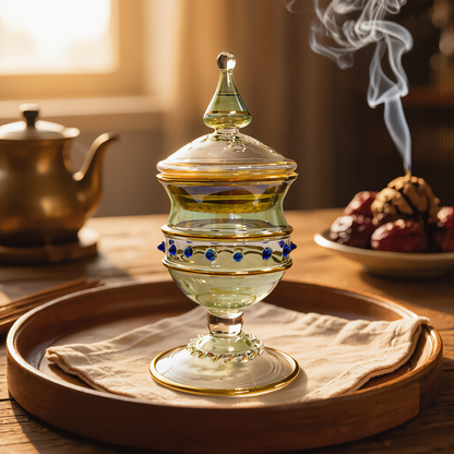 Lidded Egyptian glass bakhoor jar with incense smoke on a brass tray beside a teapot