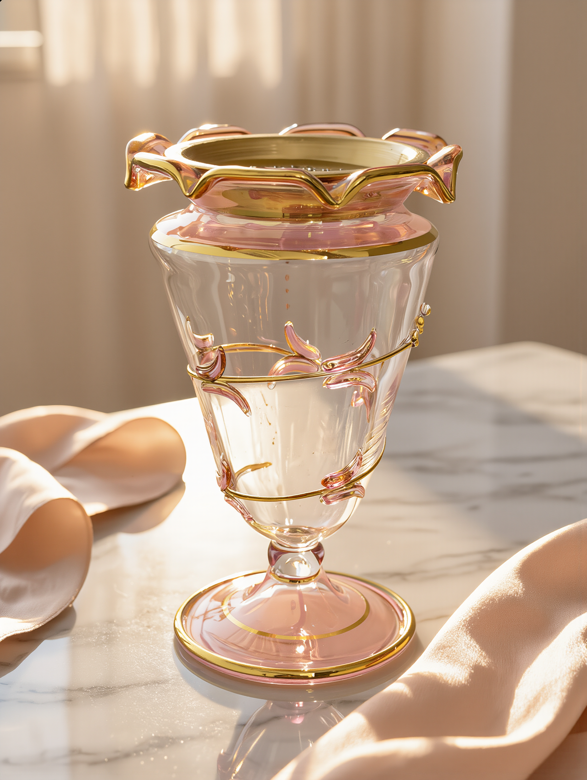 Rose glass mabkhara with ruffled gold-edged rim and gold tray, raised pink-and-gold vine relief, on a marble table in window light