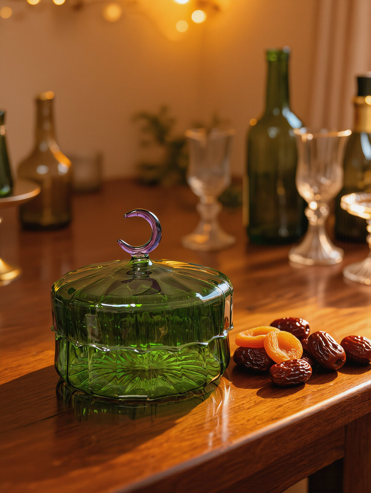 Green Egyptian glass Ramadan candy box with purple crescent moon lid, dates and apricots