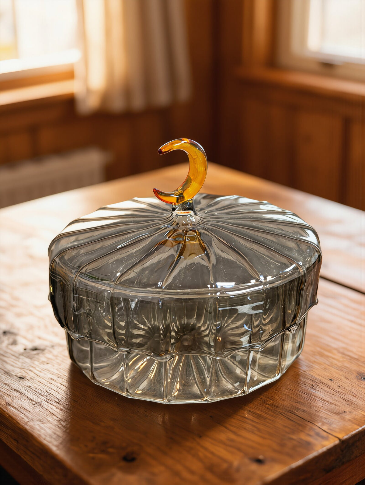 Smoke grey Egyptian glass crescent moon candy box for Ramadan dates and sweets