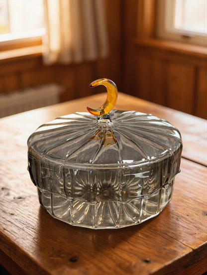 Smoke grey Egyptian glass crescent moon candy box for Ramadan dates and sweets