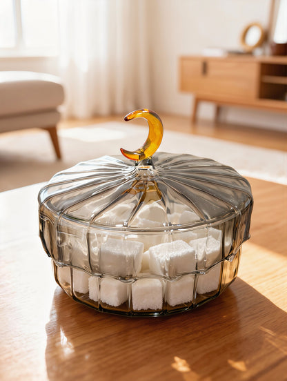 Egyptian glass crescent moon box filled with sugar cubes for the iftar table