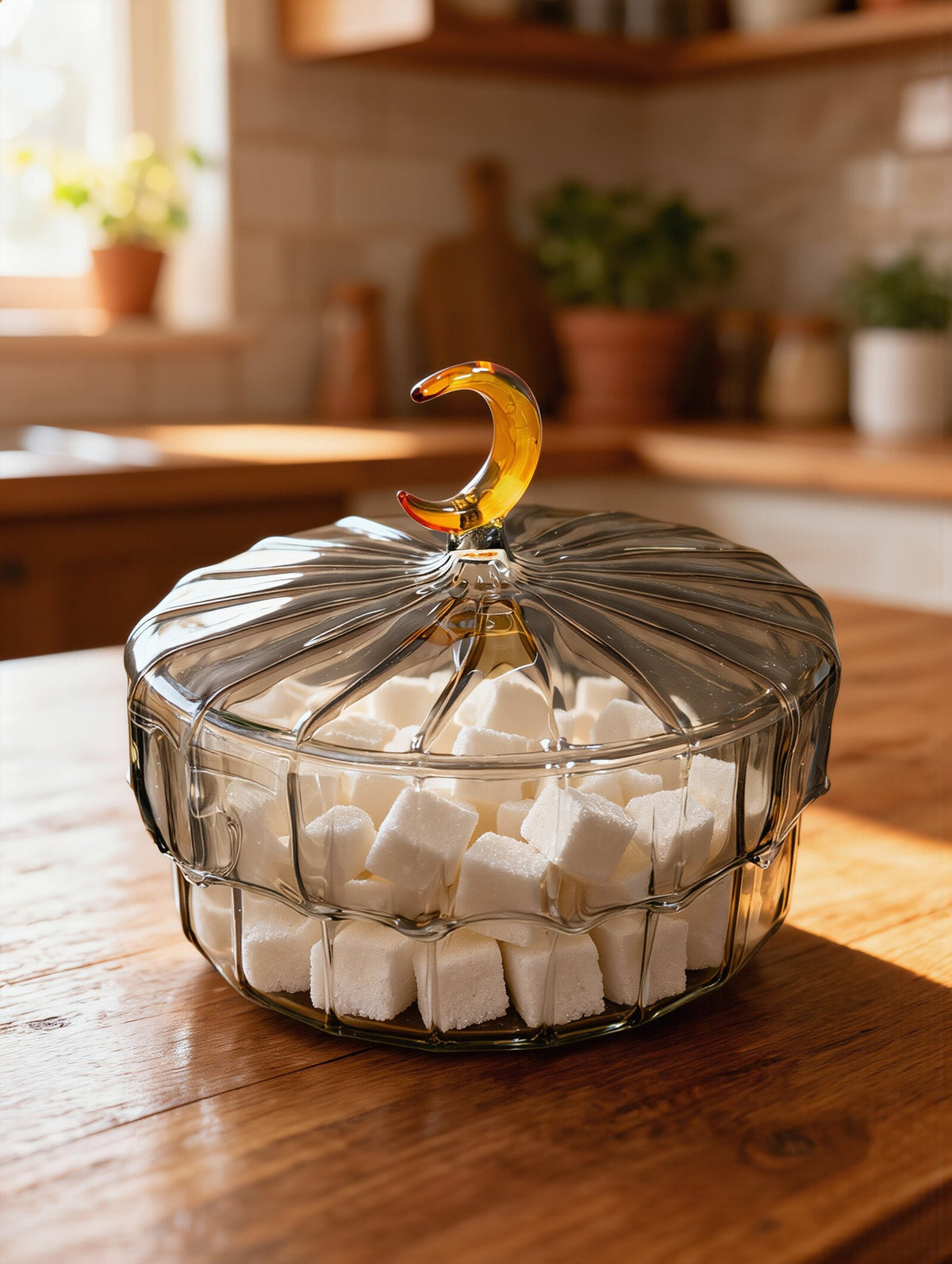 Ramadan crescent moon sugar box in hand-blown Egyptian glass, kitchen setting
