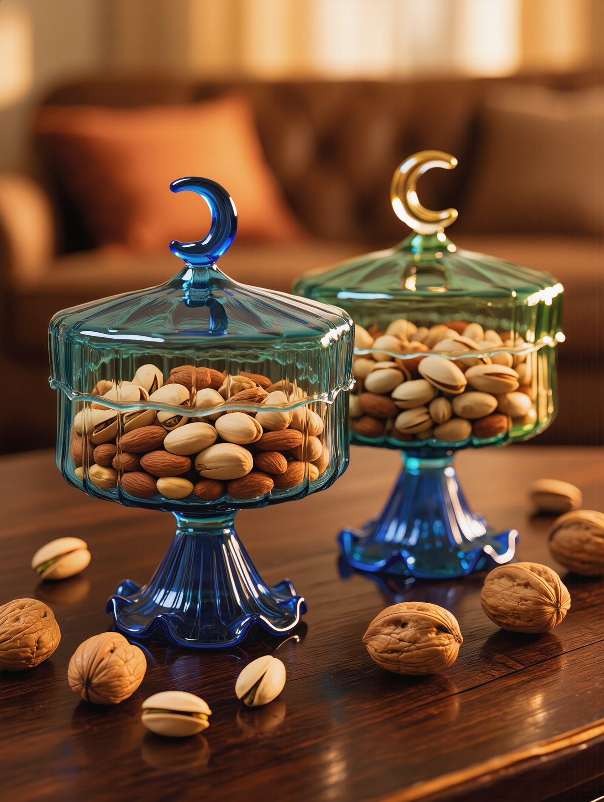 Teal and green footed Egyptian glass crescent candy boxes filled with nuts