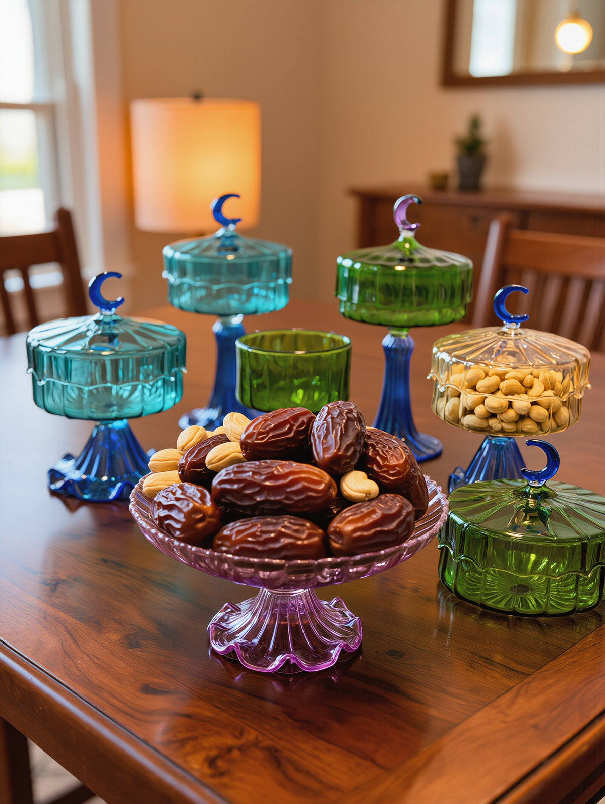 Egyptian glass Ramadan collection - crescent moon candy boxes and footed date stand