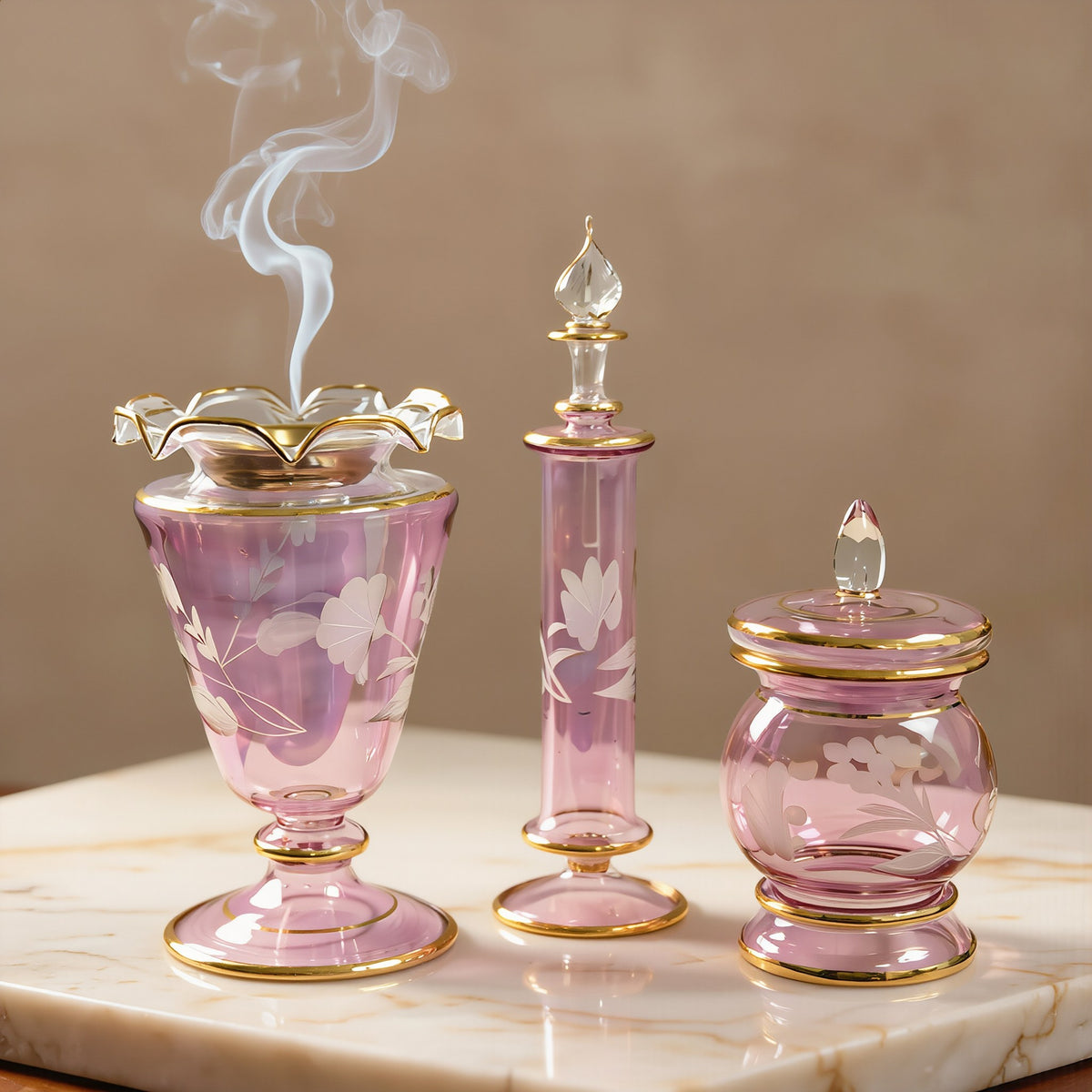 Rose Etched Bakhoor Gift Set — Mabkhara, Perfume Bottle & Bakhoor Jar (Set 11)